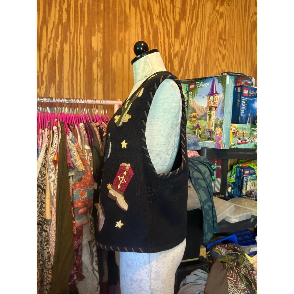 Tiara International Vintage Western Knit‎ Vest Black Cowboy Equestrian Horse L